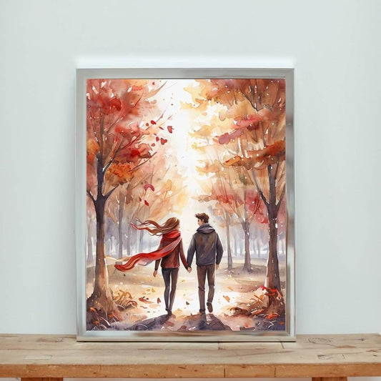 Autumn Couple Walk Print | Romantic Fall Watercolor Art | Cozy Home Decor