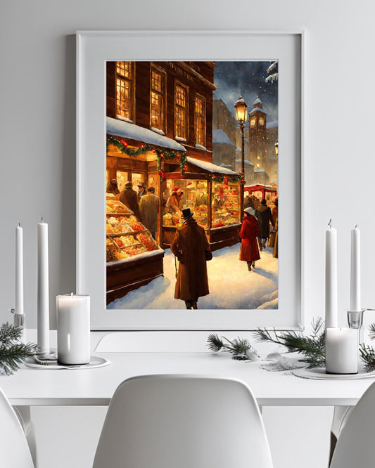 Vintage Christmas Market Art | Cozy Holiday Shopping Scene | Nostalgic Winter Decor