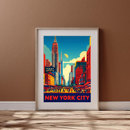 Vibrant New York City skyline poster displayed in a modern living room, highlighting the urban cityscape in retro colors.