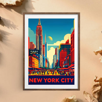 Vibrant New York City skyline poster displayed in a modern living room, highlighting the urban cityscape in retro colors.