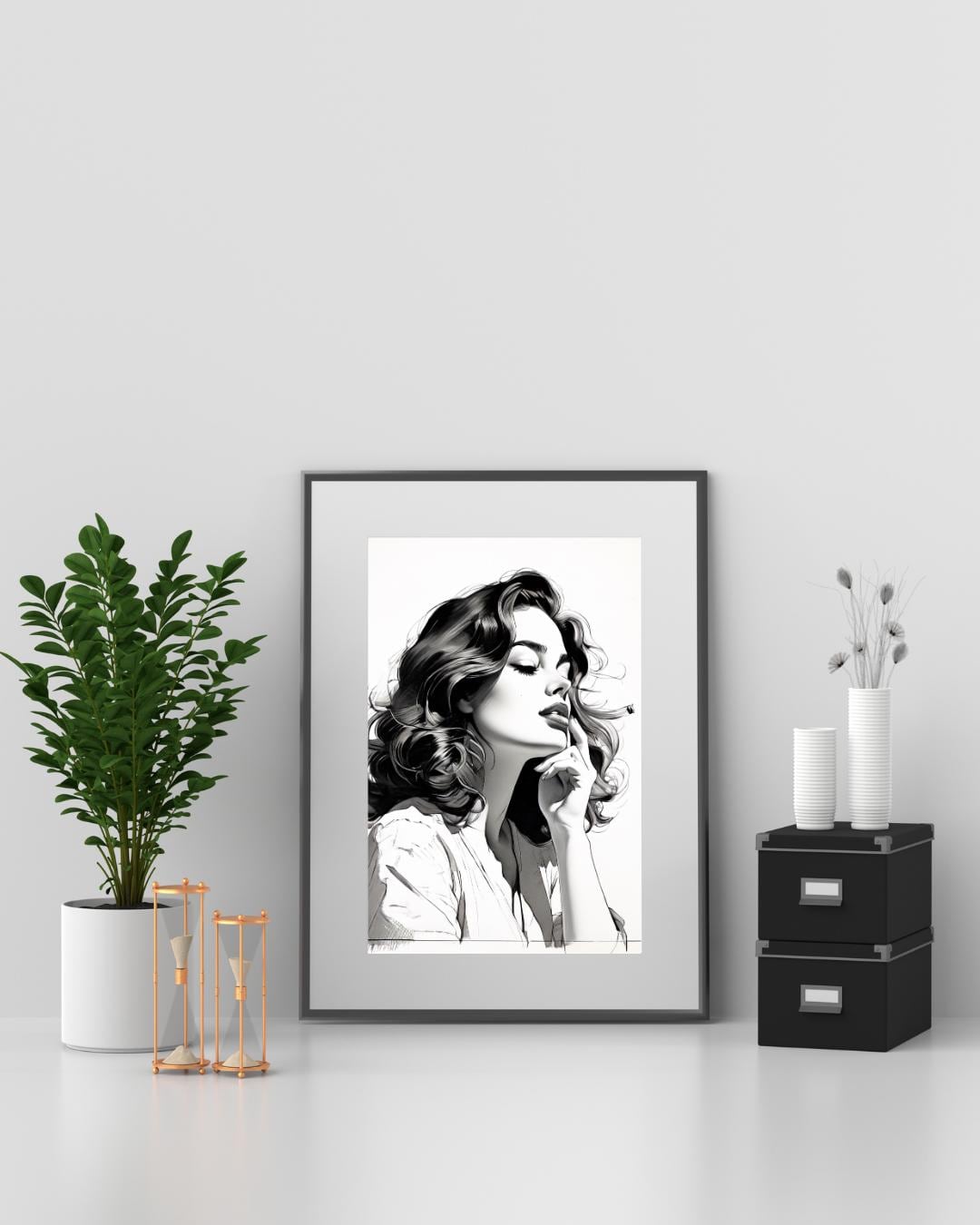 Chic Minimalist Woman Portrait | Monochrome Poster for Elegant Home Decor | Digital Art Print