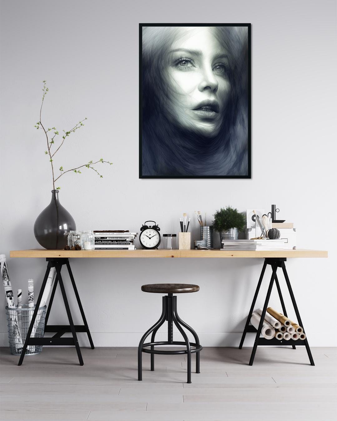 Elegant Female Portrait Art Print | Modern Monochrome Wall Decor | Abstract Digital Poster