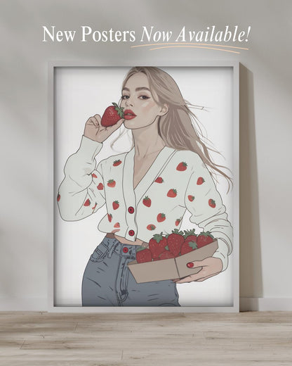 Fashionista Strawberry Girl Poster | Fashion Illustration Wall Art | Modern Aesthetic Decor | Cute Minimalist Print | Fruit Inspired Art