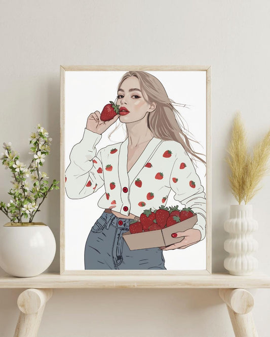 Fashionista Strawberry Girl Poster | Fashion Illustration Wall Art | Modern Aesthetic Decor | Cute Minimalist Print | Fruit Inspired Art