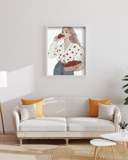 Fashionista Strawberry Girl Poster | Fashion Illustration Wall Art | Modern Aesthetic Decor | Cute Minimalist Print | Fruit Inspired Art
