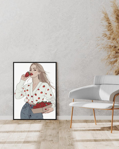 Fashionista Strawberry Girl Poster | Fashion Illustration Wall Art | Modern Aesthetic Decor | Cute Minimalist Print | Fruit Inspired Art