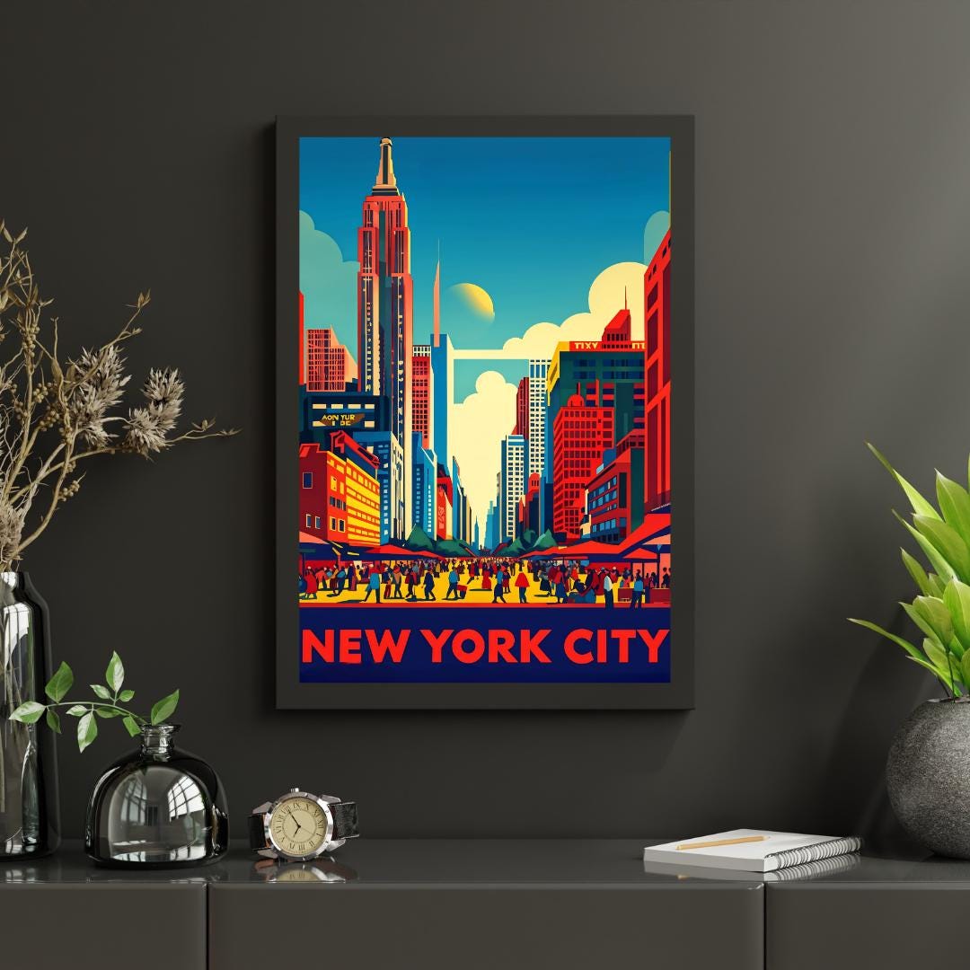 Vibrant New York City skyline poster displayed in a modern living room, highlighting the urban cityscape in retro colors.