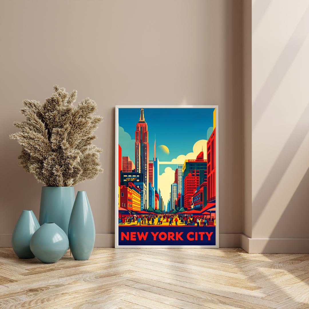 Vibrant New York City skyline poster displayed in a modern living room, highlighting the urban cityscape in retro colors.