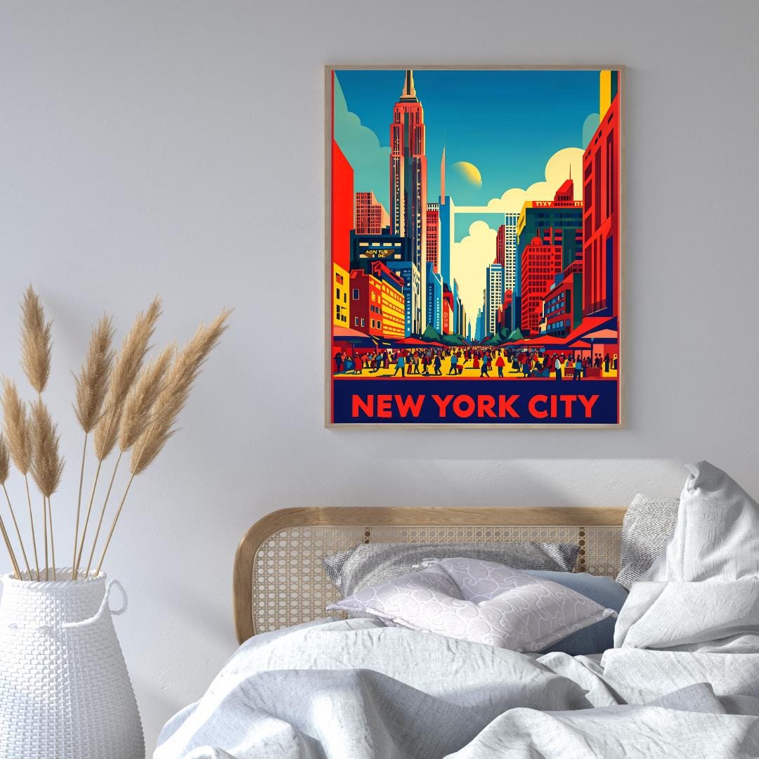 Vibrant New York City skyline poster displayed in a modern living room, highlighting the urban cityscape in retro colors.