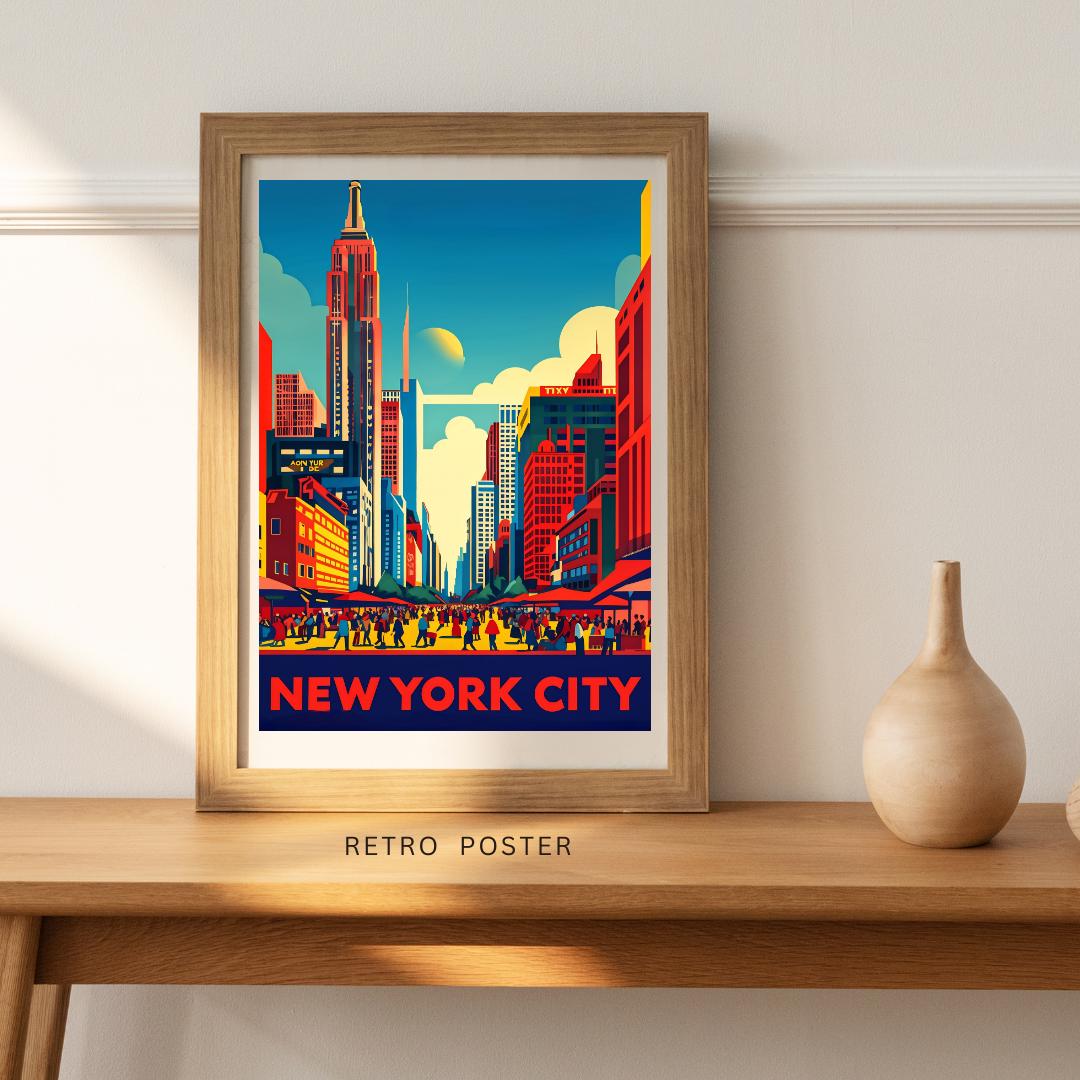 Vibrant New York City skyline poster displayed in a modern living room, highlighting the urban cityscape in retro colors.