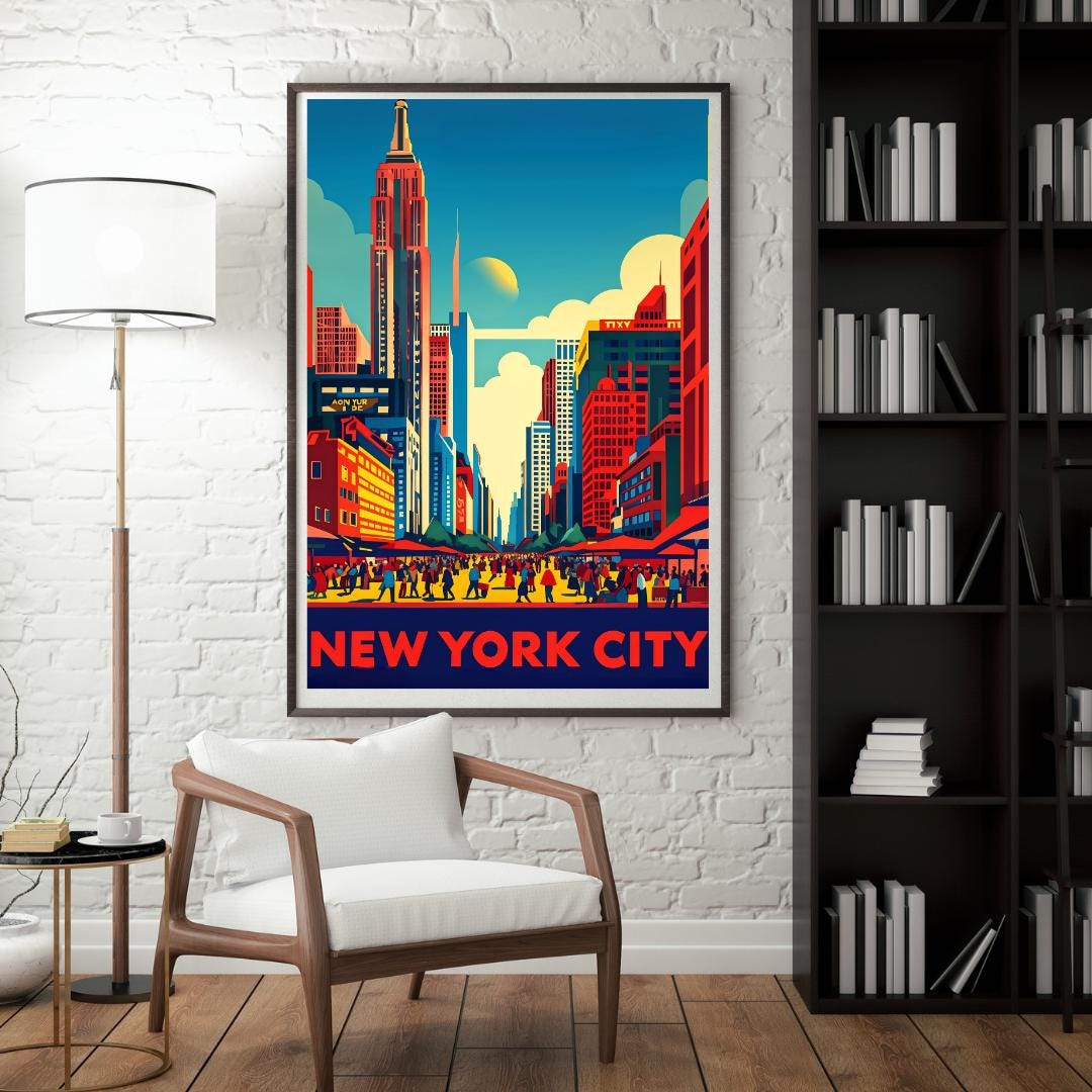 Vibrant New York City skyline poster displayed in a modern living room, highlighting the urban cityscape in retro colors.