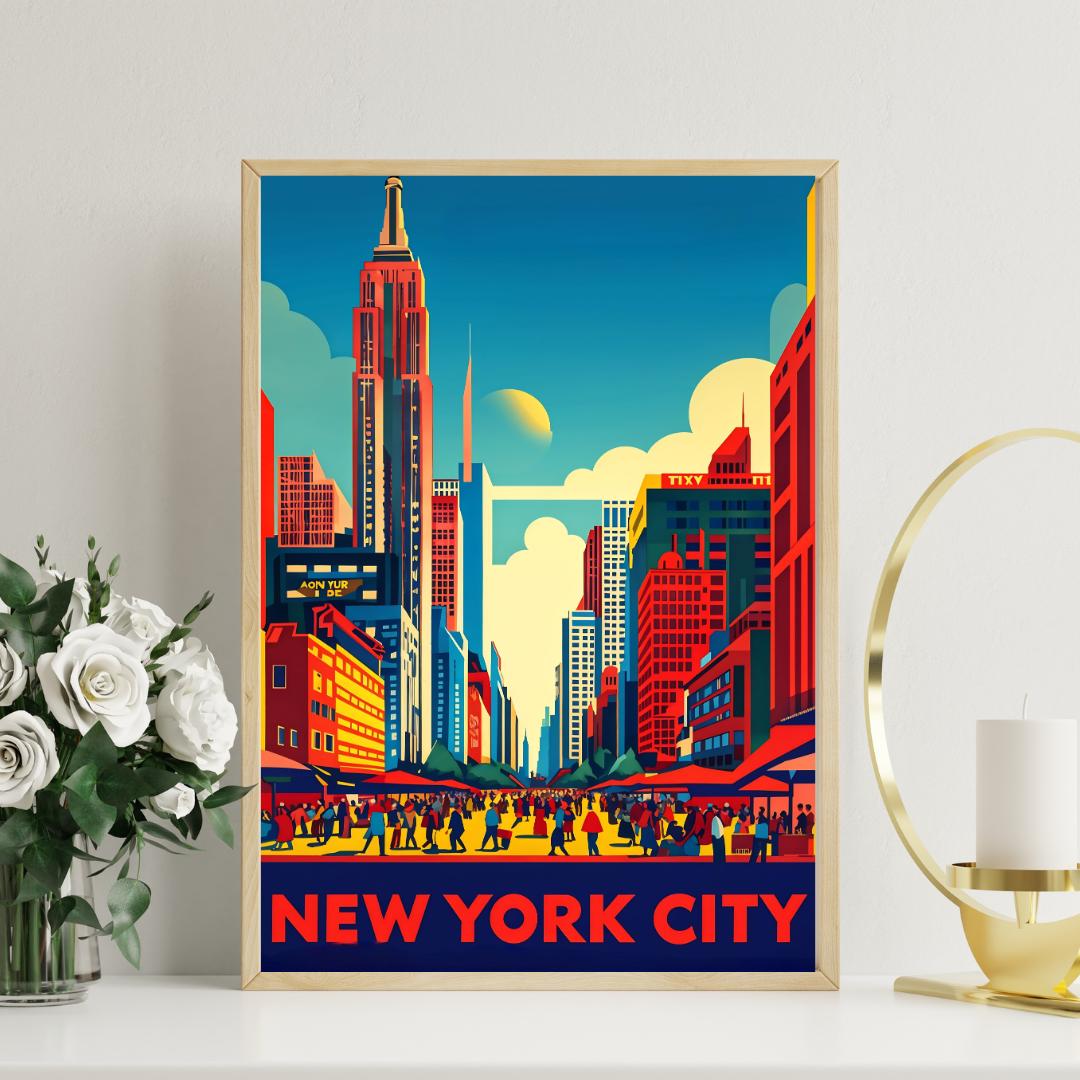 Vibrant New York City skyline poster displayed in a modern living room, highlighting the urban cityscape in retro colors.