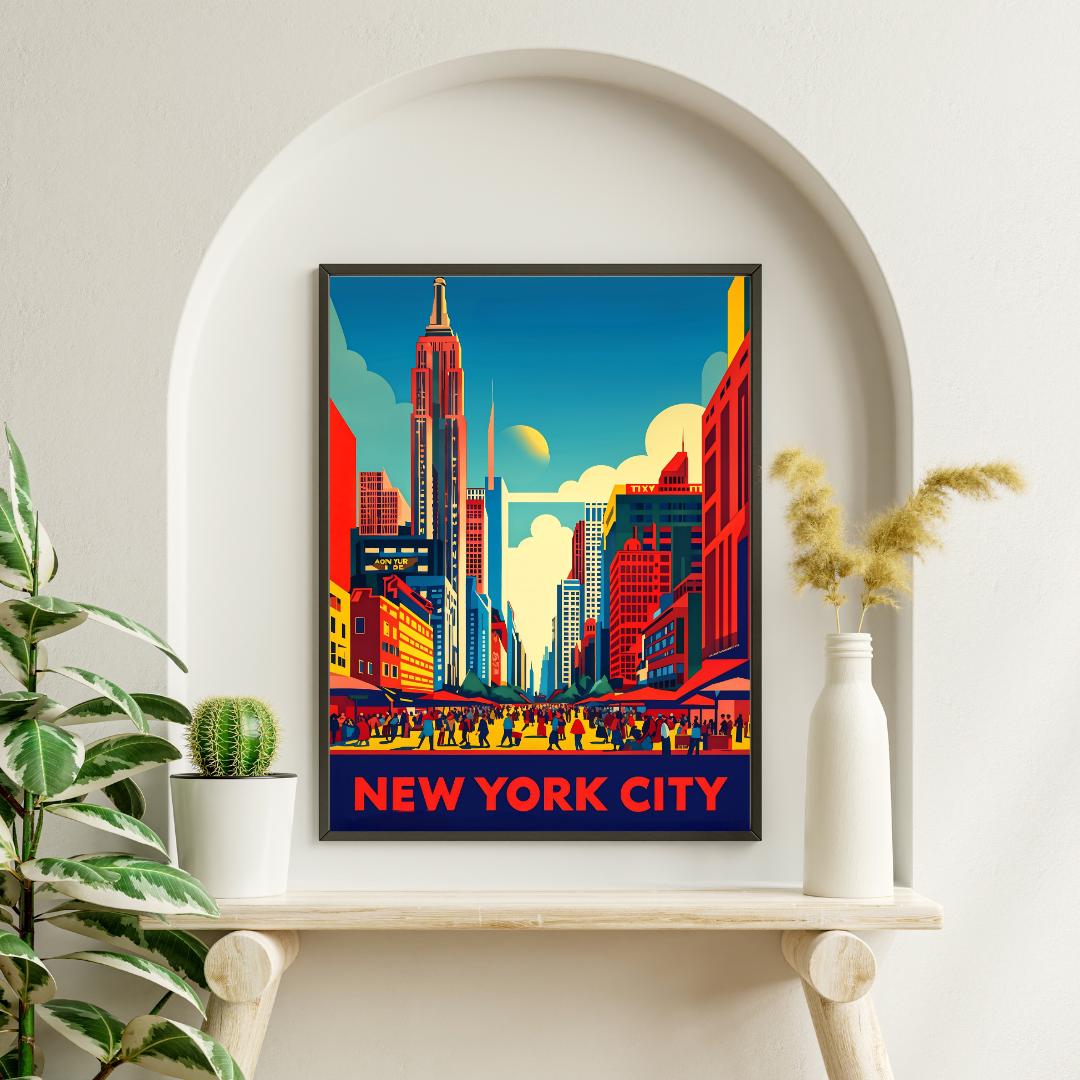 Vibrant New York City skyline poster displayed in a modern living room, highlighting the urban cityscape in retro colors.