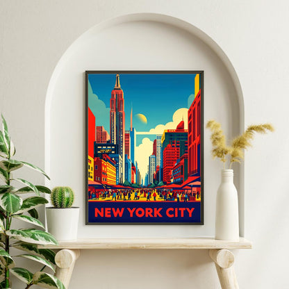 Vibrant New York City skyline poster displayed in a modern living room, highlighting the urban cityscape in retro colors.