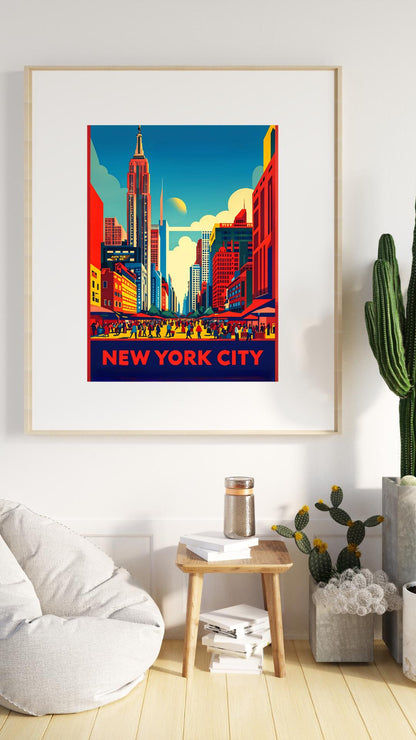 Vibrant New York City skyline poster displayed in a modern living room, highlighting the urban cityscape in retro colors.