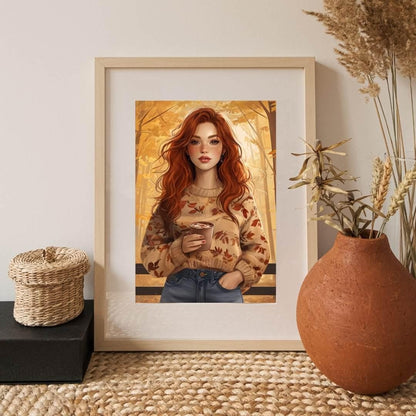 Autumn Fashion Portrait | Redhead Woman Fall Aesthetic | Cozy Printable Wall Art