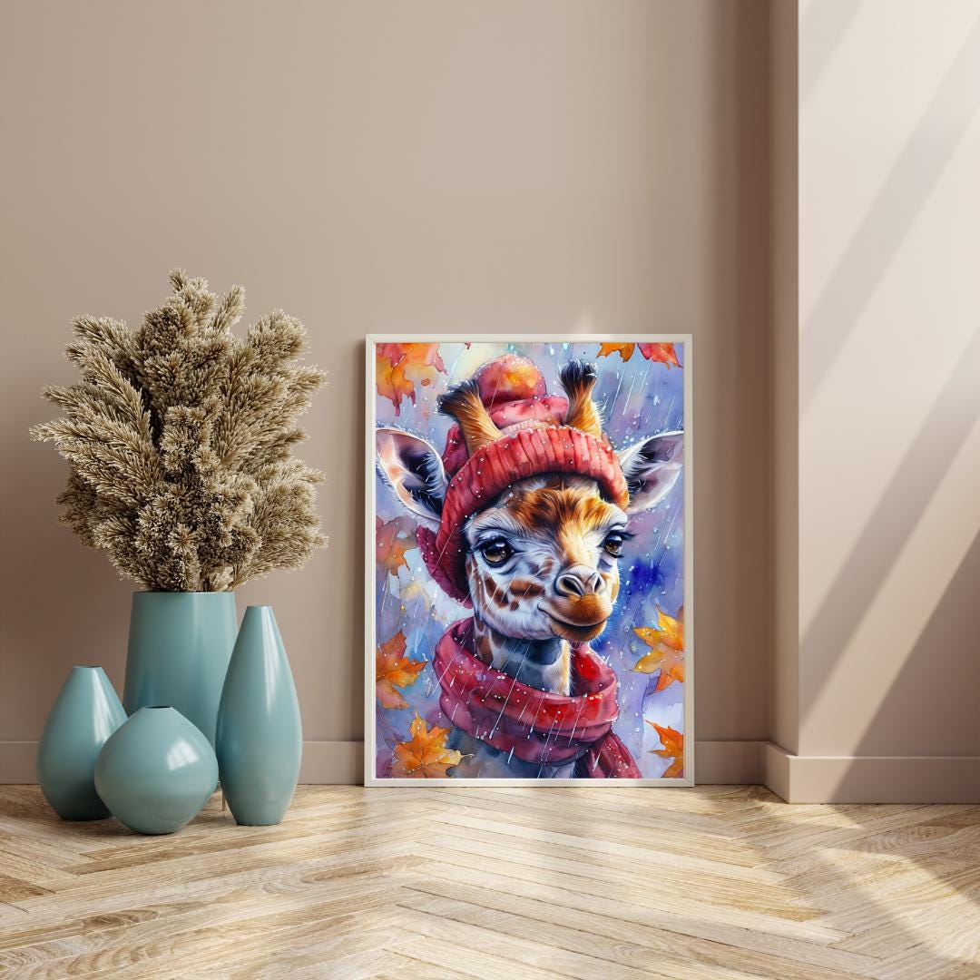 Whimsical Giraffe Art Print | Cozy Autumn Animal Decor | Digital Download for Kids Room