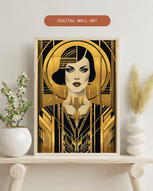 Art Deco Woman Portrait | Glamorous 1920s Gold Print | Vintage Luxury Wall Art