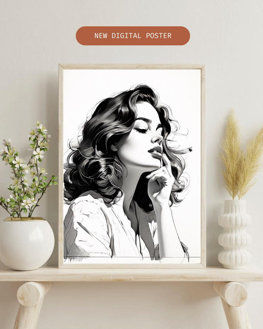 Chic Minimalist Woman Portrait | Monochrome Poster for Elegant Home Decor | Digital Art Print