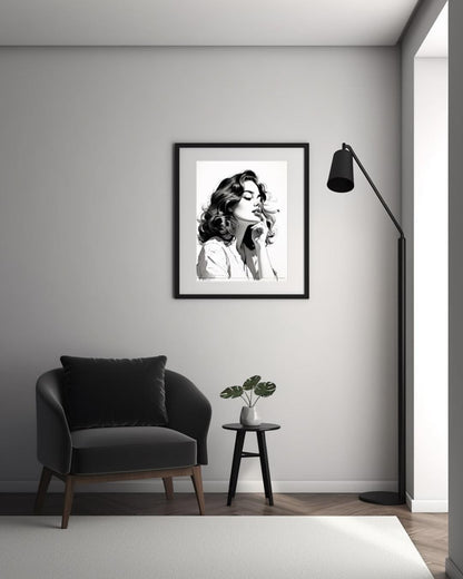 Chic Minimalist Woman Portrait | Monochrome Poster for Elegant Home Decor | Digital Art Print