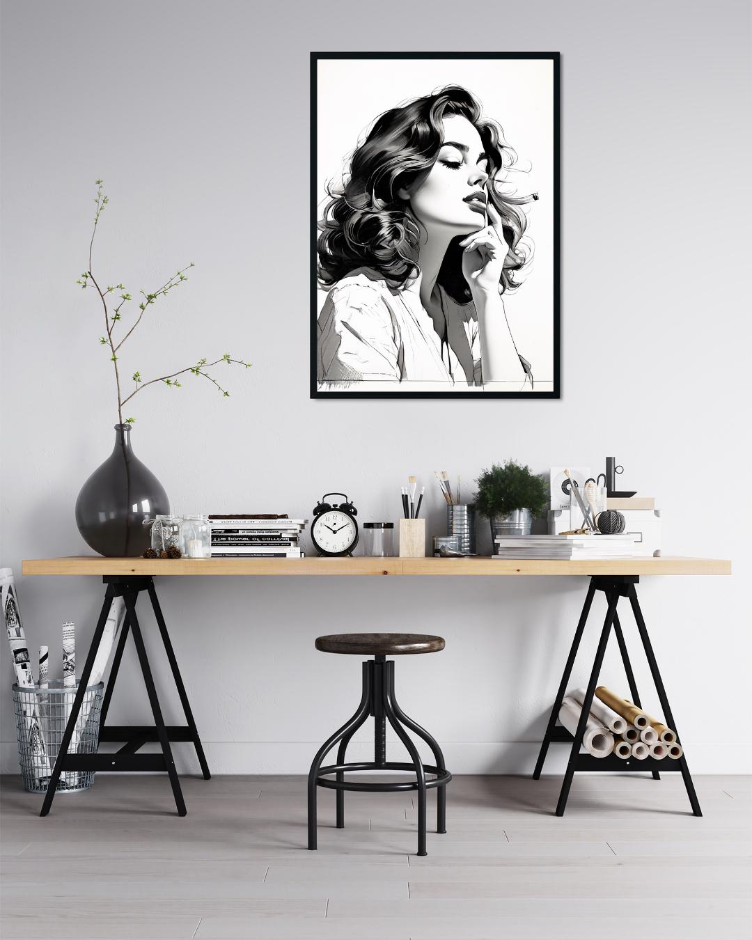 Chic Minimalist Woman Portrait | Monochrome Poster for Elegant Home Decor | Digital Art Print