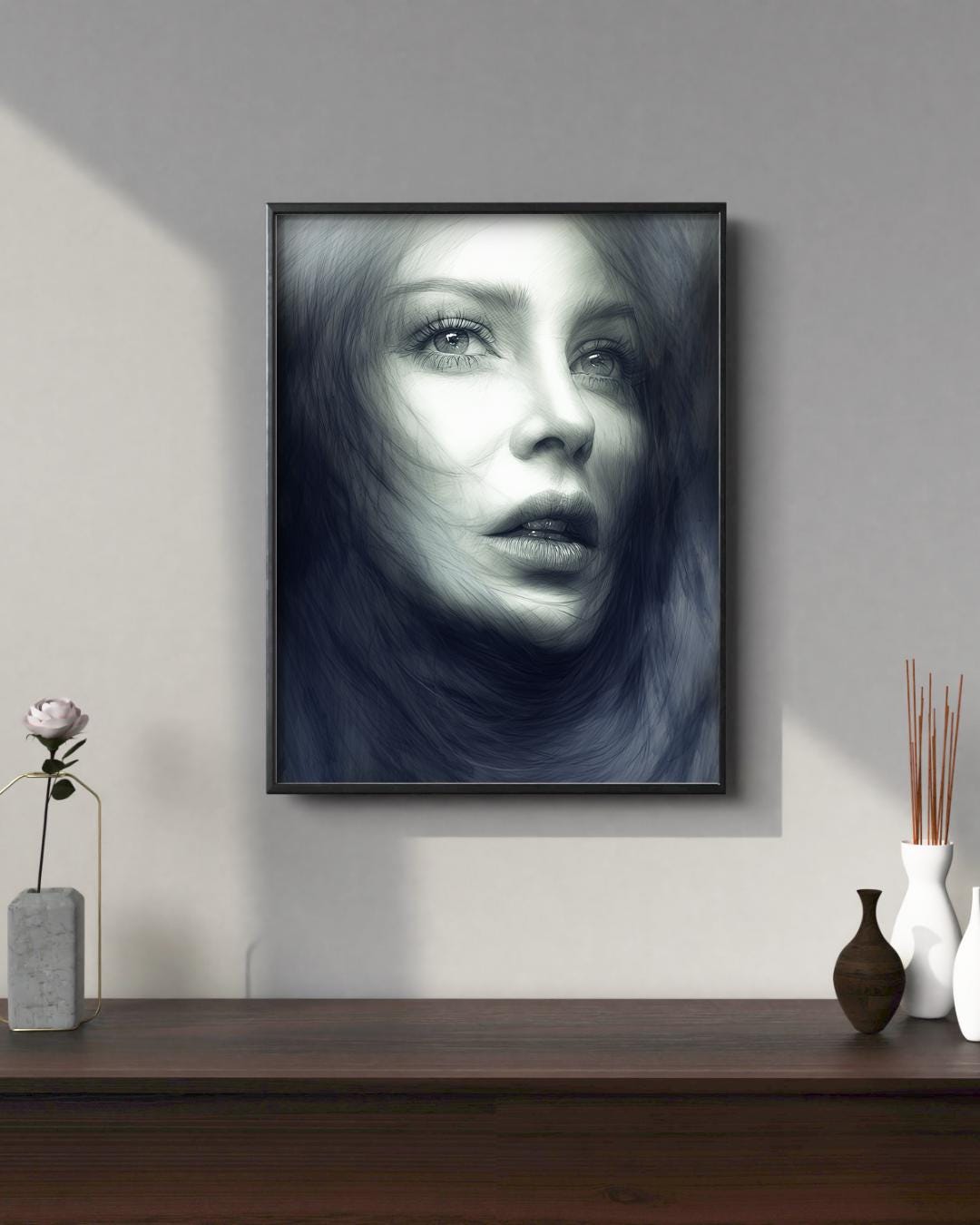 Elegant Female Portrait Art Print | Modern Monochrome Wall Decor | Abstract Digital Poster