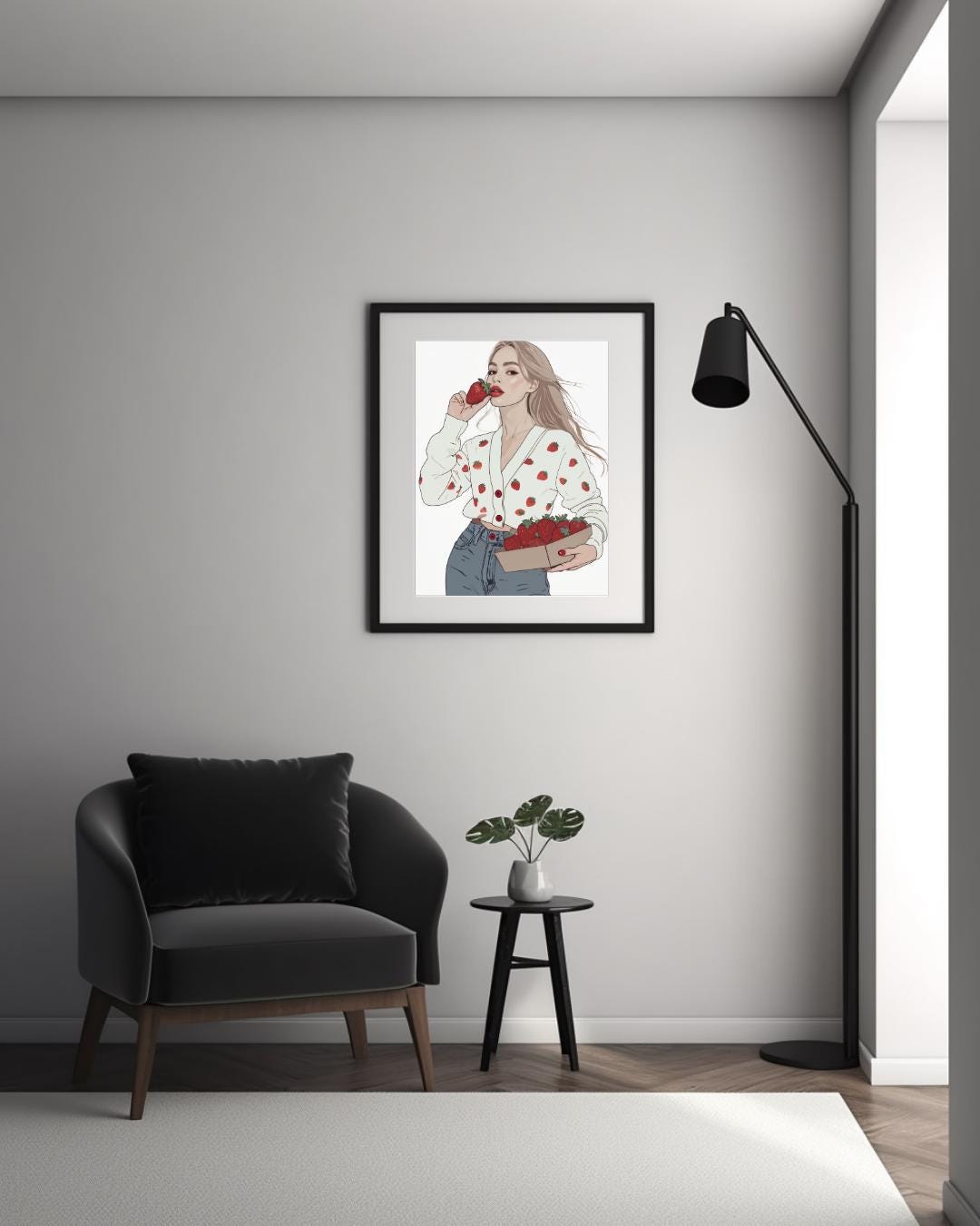 Fashionista Strawberry Girl Poster | Fashion Illustration Wall Art | Modern Aesthetic Decor | Cute Minimalist Print | Fruit Inspired Art