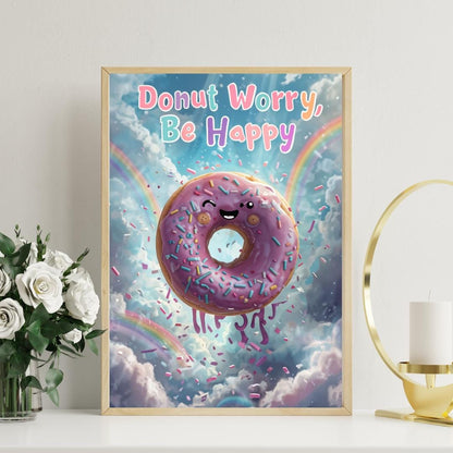 Donut Worry Be Happy Poster | Cute Motivational Art | Whimsical Digital Print