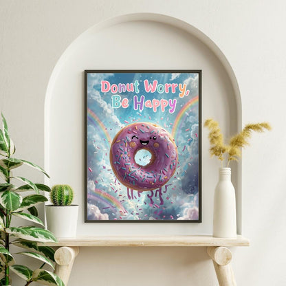 Donut Worry Be Happy Poster | Cute Motivational Art | Whimsical Digital Print