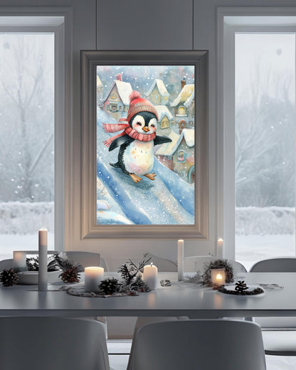 Whimsical winter penguin poster for Christmas nursery decor, digital download.