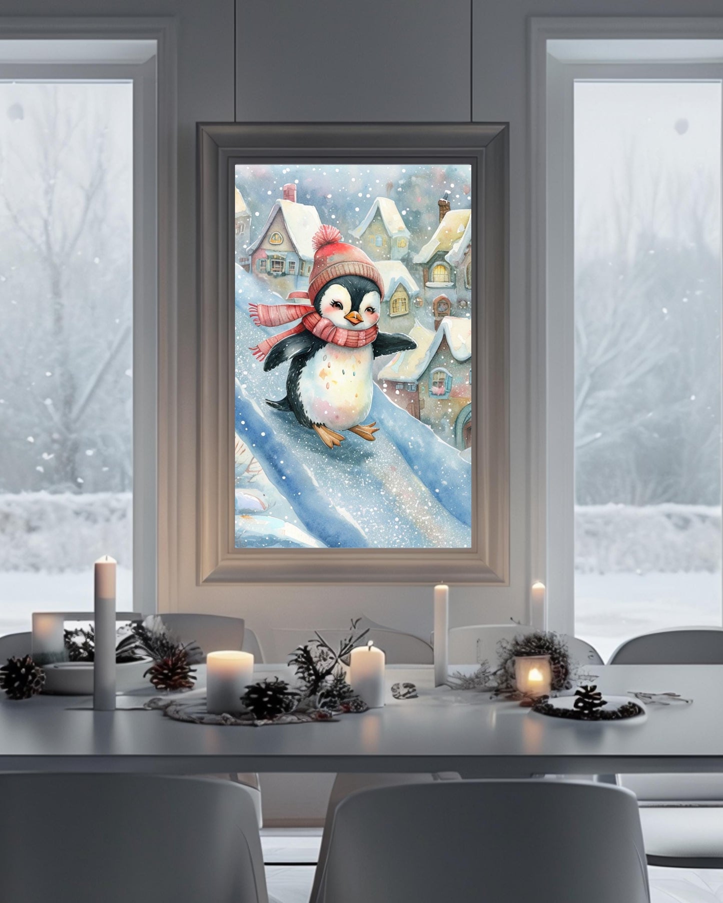 Whimsical winter penguin poster for Christmas nursery decor, digital download.