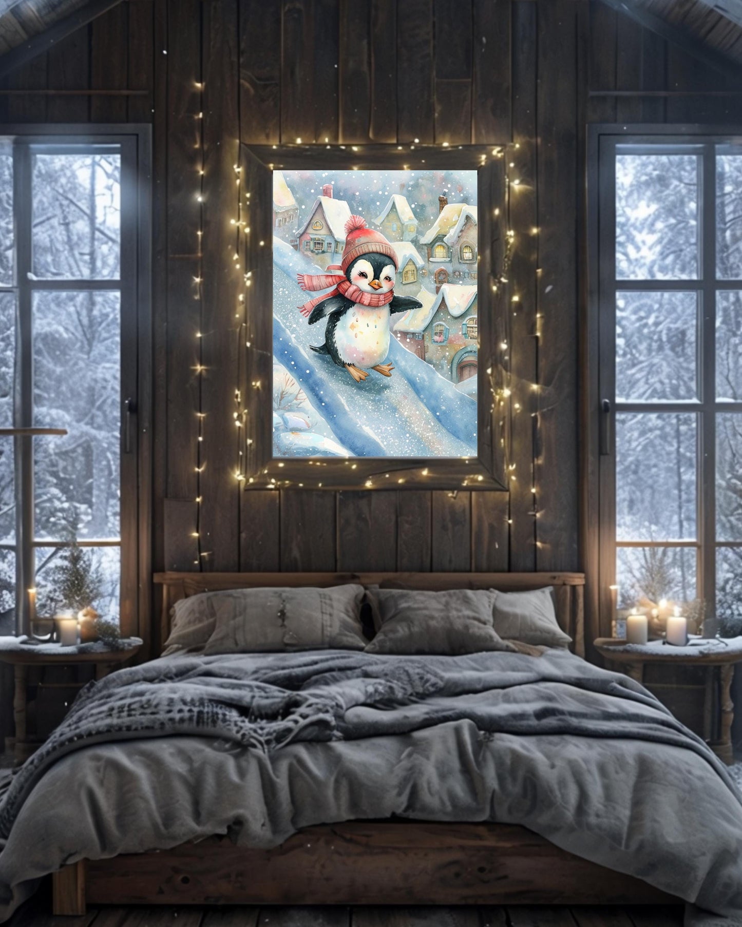 Whimsical winter penguin poster for Christmas nursery decor, digital download.