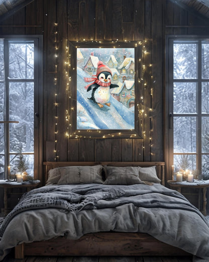 Whimsical winter penguin poster for Christmas nursery decor, digital download.