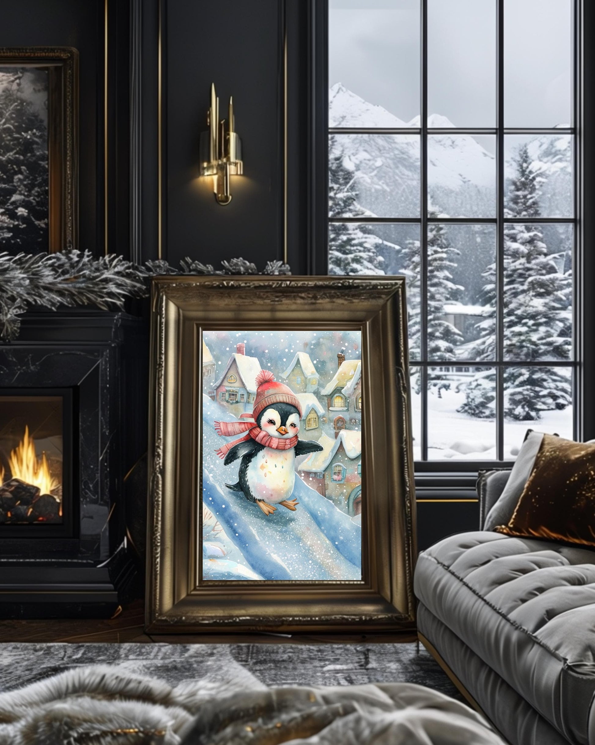 Whimsical winter penguin poster for Christmas nursery decor, digital download.