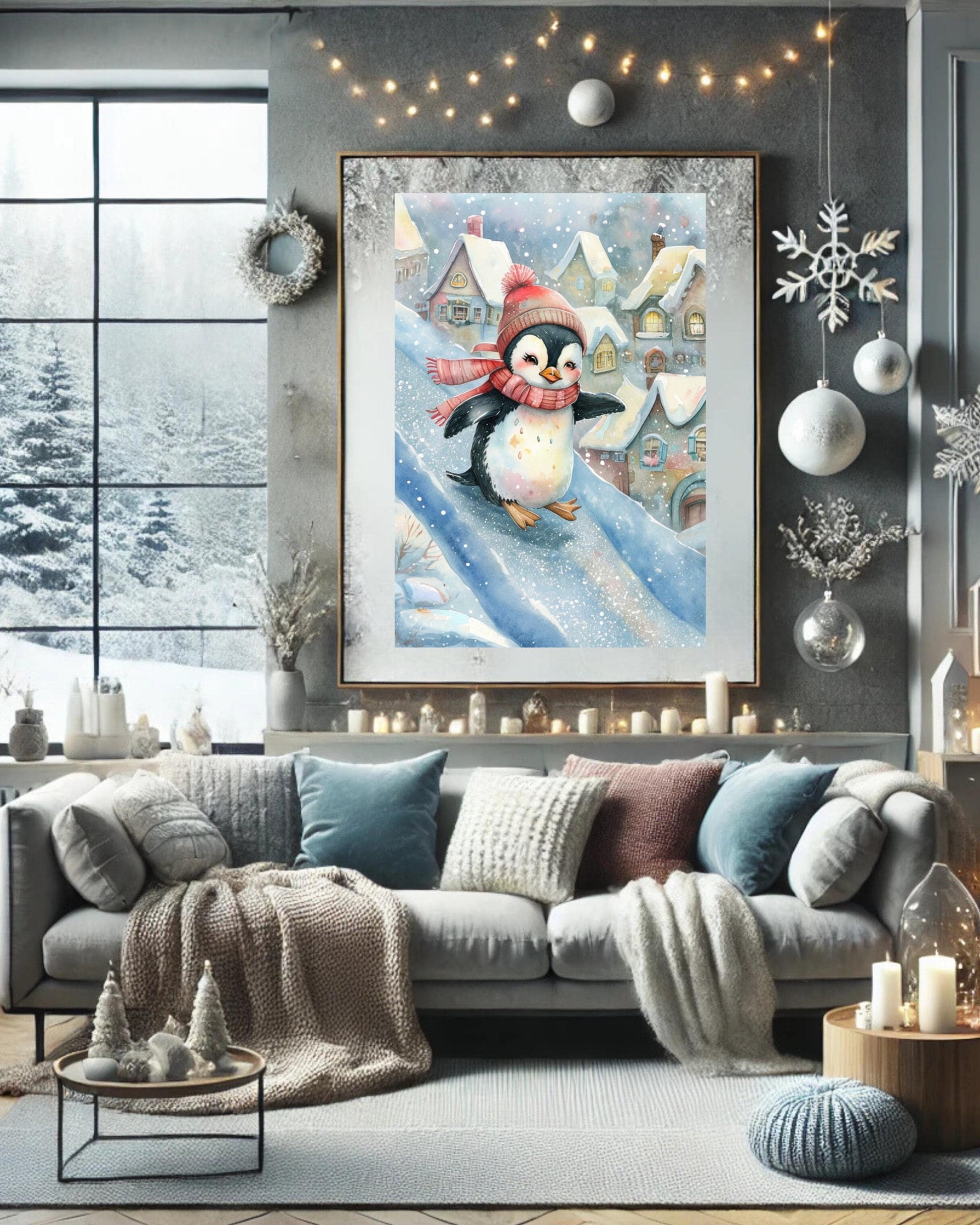 Whimsical winter penguin poster for Christmas nursery decor, digital download.