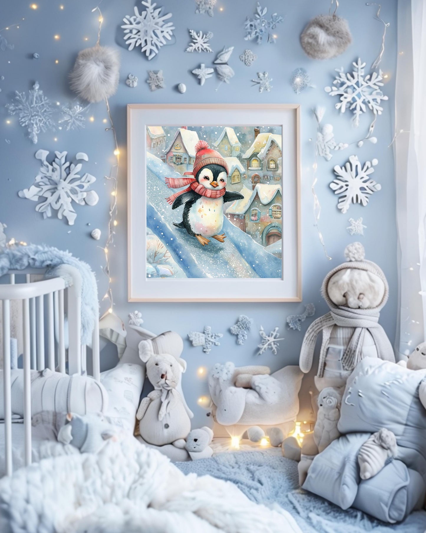 Whimsical winter penguin poster for Christmas nursery decor, digital download.