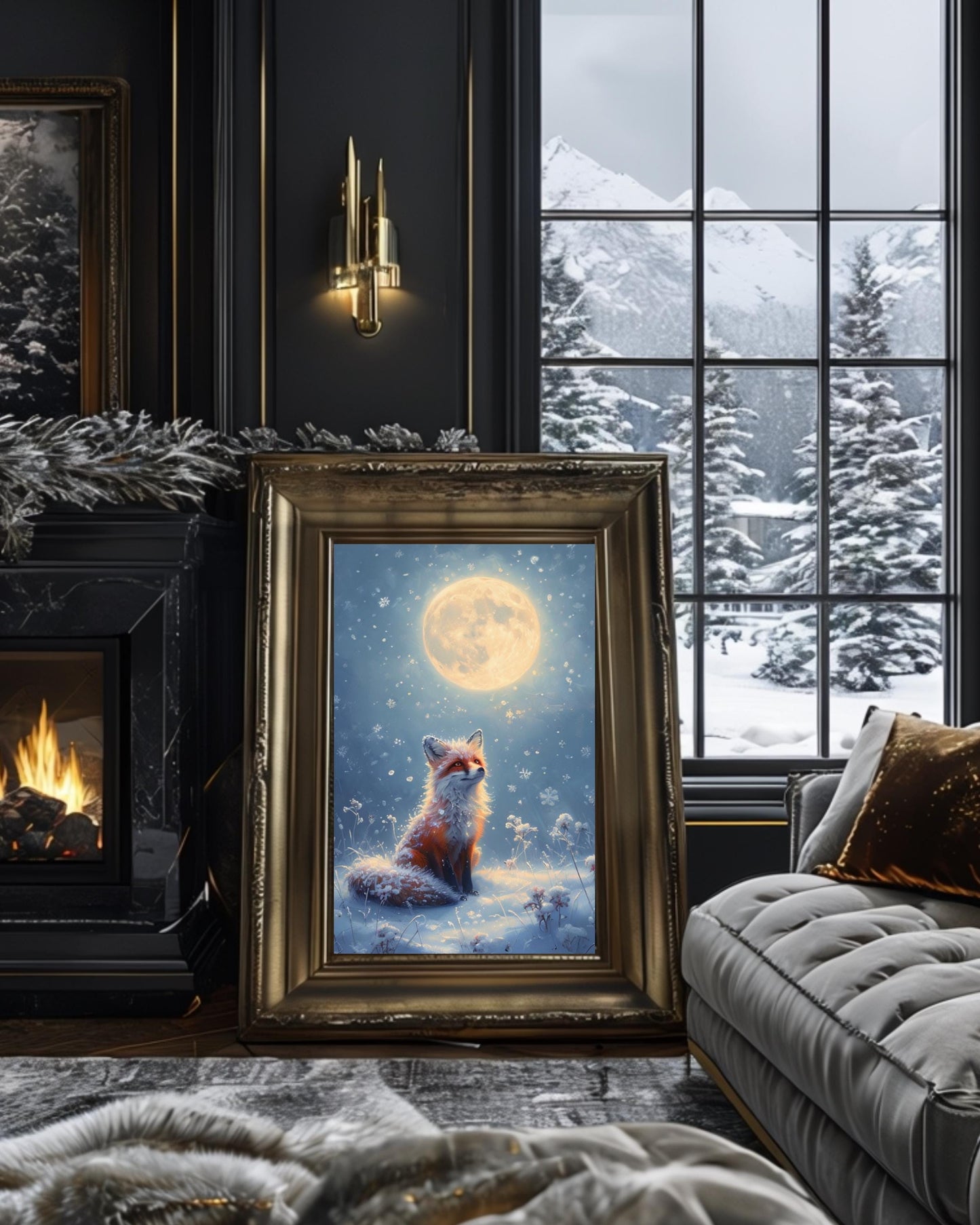 This poster displays a serene fox sitting in the snow under a full moon, surrounded by snowflakes, in various room settings like living rooms, bedrooms, or nurseries. Perfect for winter decor and cozy holiday interiors.