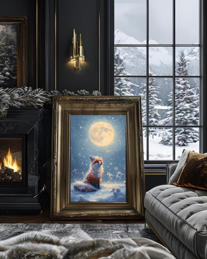 This poster displays a serene fox sitting in the snow under a full moon, surrounded by snowflakes, in various room settings like living rooms, bedrooms, or nurseries. Perfect for winter decor and cozy holiday interiors.