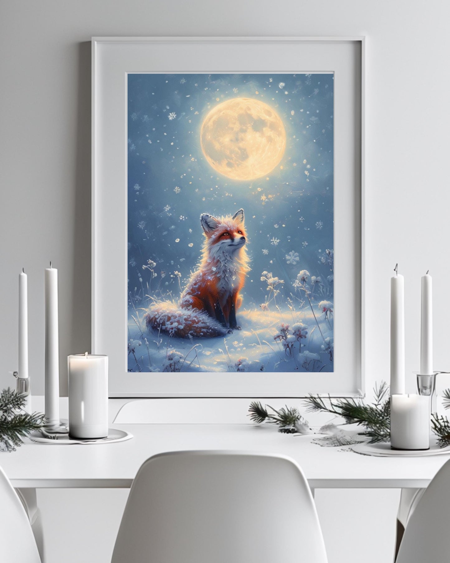 This poster displays a serene fox sitting in the snow under a full moon, surrounded by snowflakes, in various room settings like living rooms, bedrooms, or nurseries. Perfect for winter decor and cozy holiday interiors.