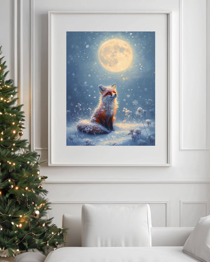 This poster displays a serene fox sitting in the snow under a full moon, surrounded by snowflakes, in various room settings like living rooms, bedrooms, or nurseries. Perfect for winter decor and cozy holiday interiors.