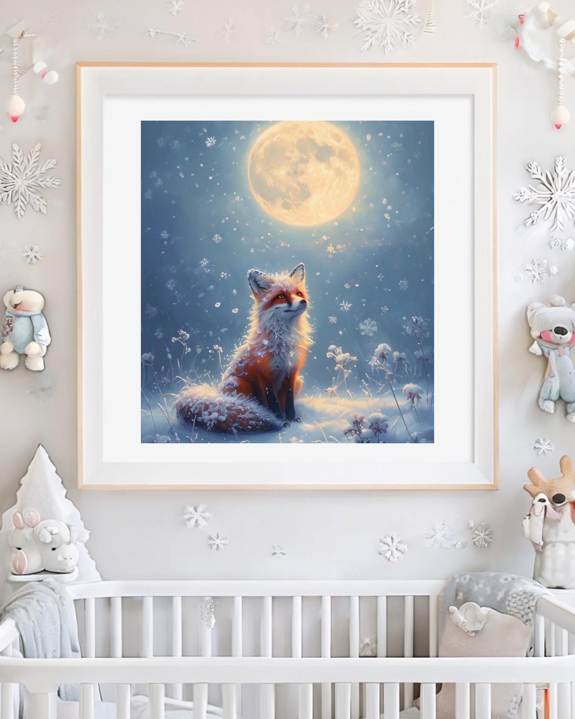 This poster displays a serene fox sitting in the snow under a full moon, surrounded by snowflakes, in various room settings like living rooms, bedrooms, or nurseries. Perfect for winter decor and cozy holiday interiors.