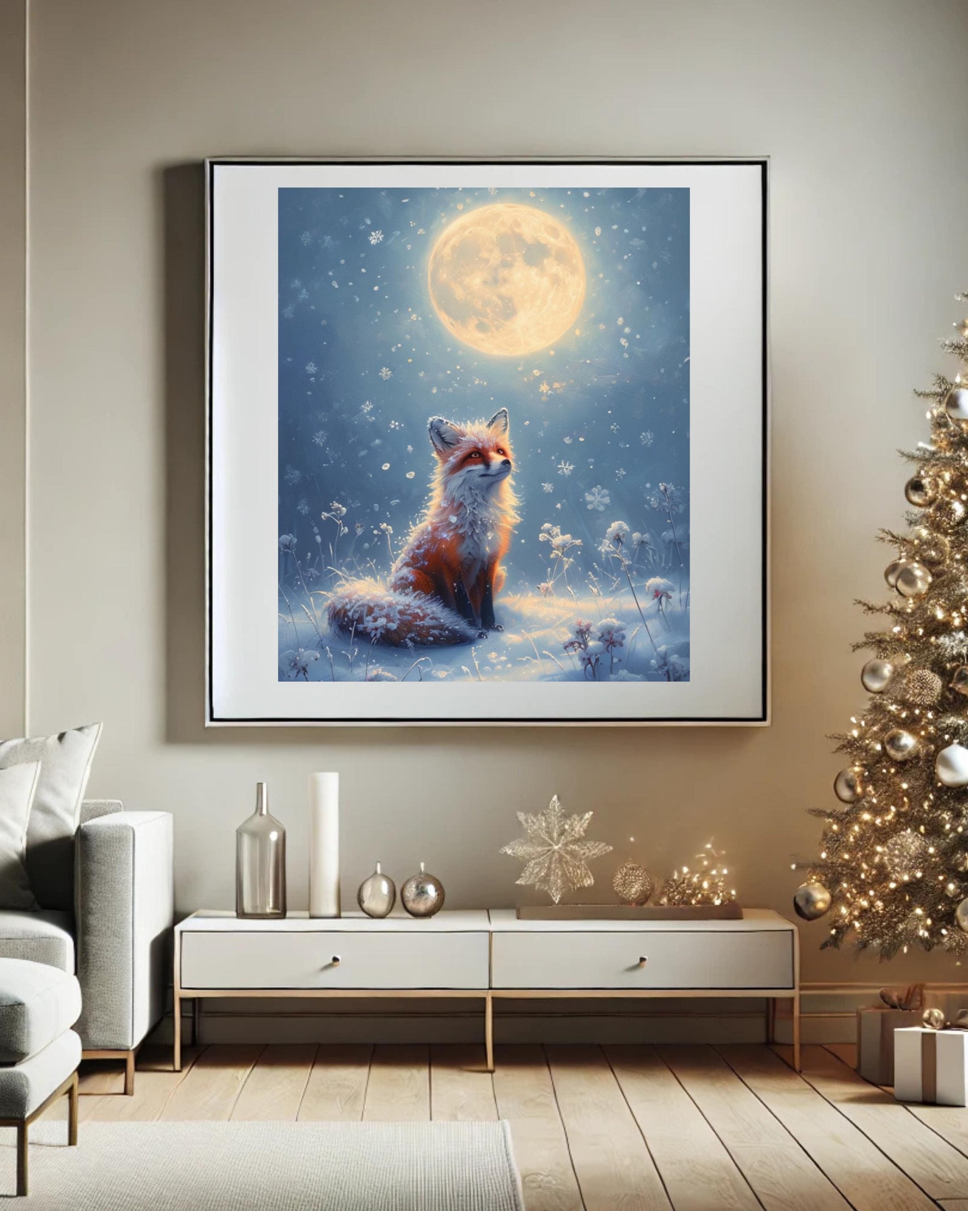 This poster displays a serene fox sitting in the snow under a full moon, surrounded by snowflakes, in various room settings like living rooms, bedrooms, or nurseries. Perfect for winter decor and cozy holiday interiors.