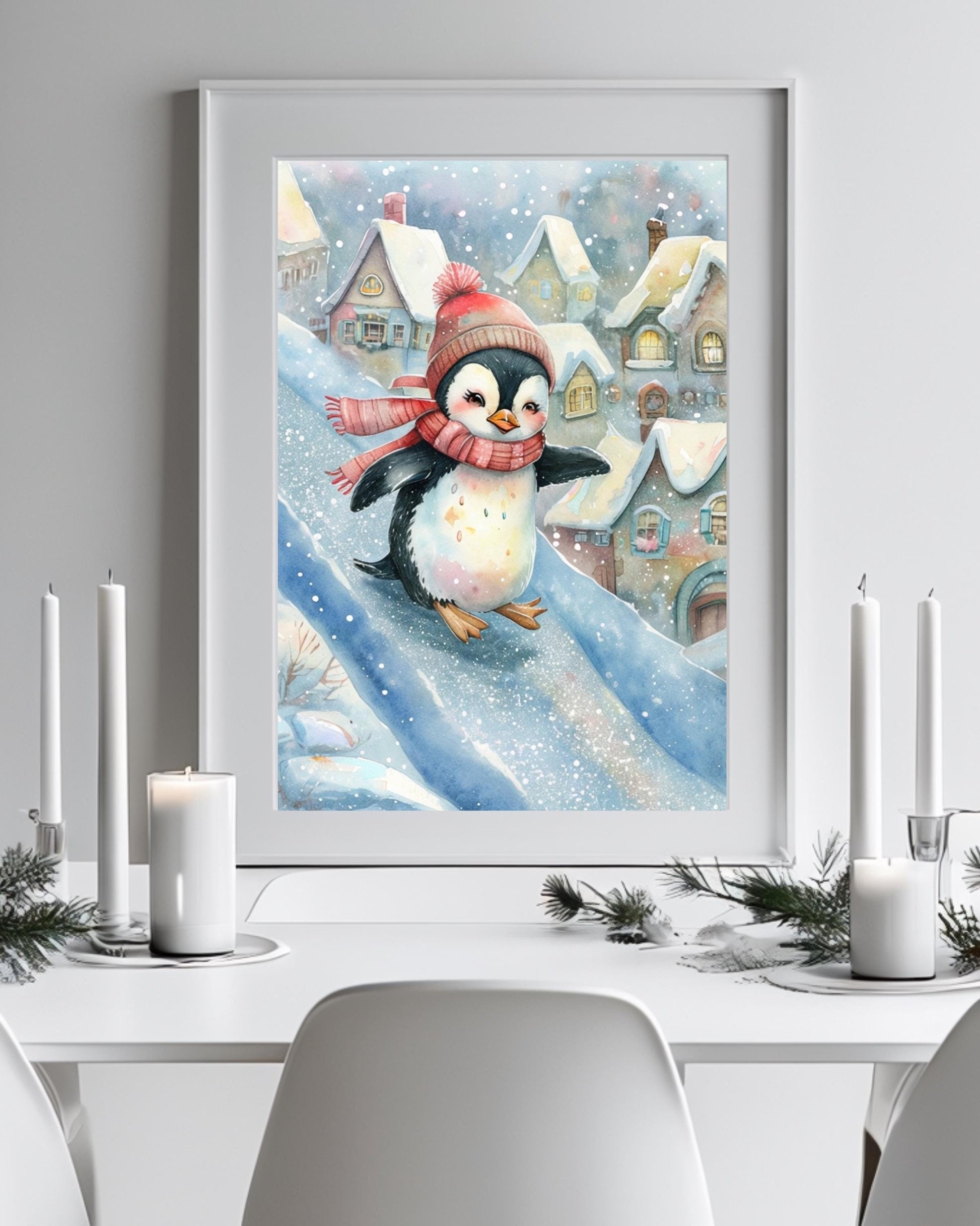 Whimsical winter penguin poster for Christmas nursery decor, digital download.