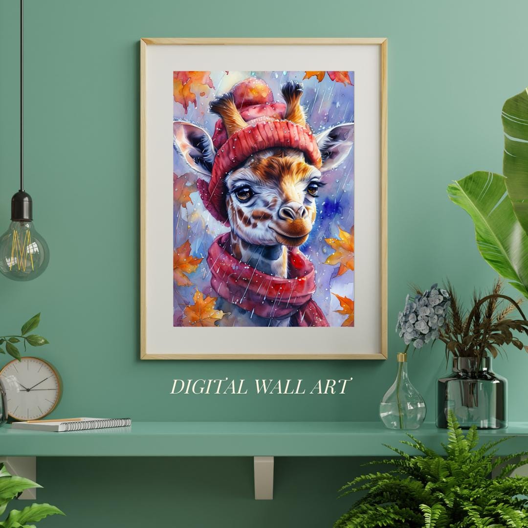 Whimsical Giraffe Art Print | Cozy Autumn Animal Decor | Digital Download for Kids Room