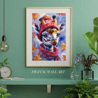 Whimsical Giraffe Art Print | Cozy Autumn Animal Decor | Digital Download for Kids Room