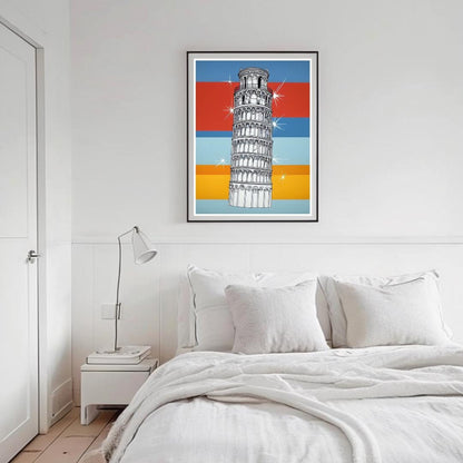 Poster of the Leaning Tower of Pisa with colorful retro background, displayed in a minimalist room setting to evoke Italian travel and architectural charm.
