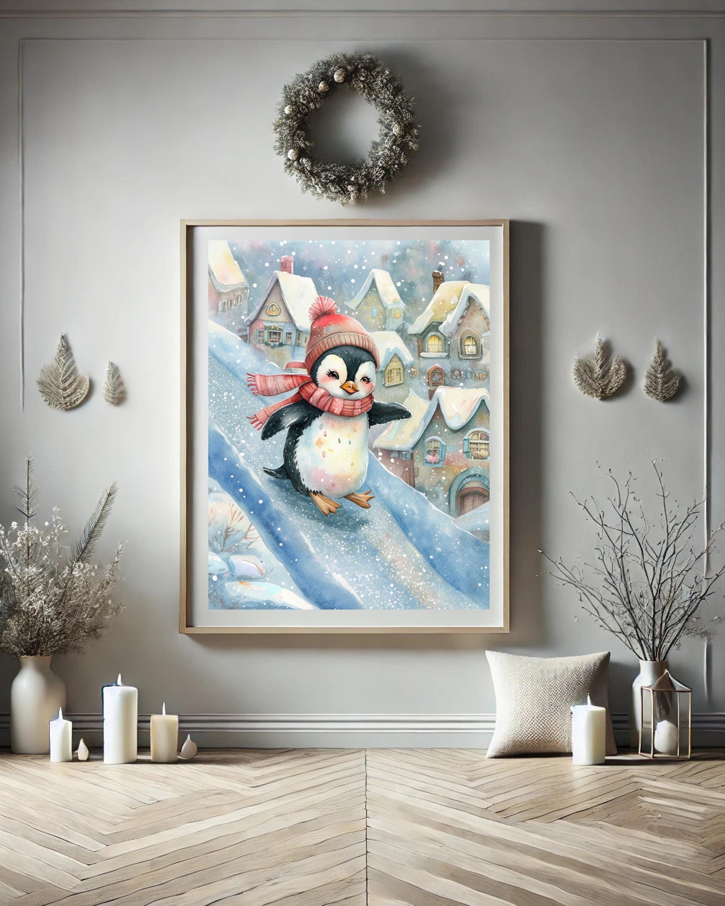 Whimsical winter penguin poster for Christmas nursery decor, digital download.