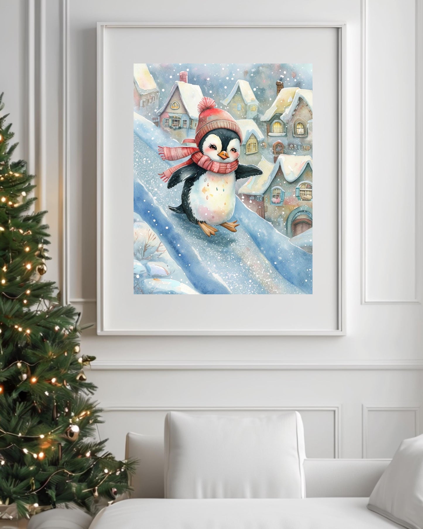 Whimsical winter penguin poster for Christmas nursery decor, digital download.