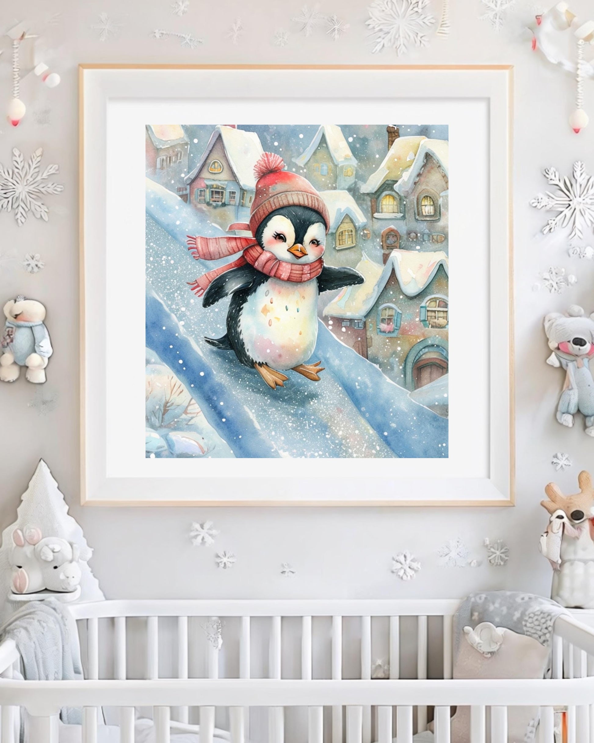 Whimsical winter penguin poster for Christmas nursery decor, digital download.