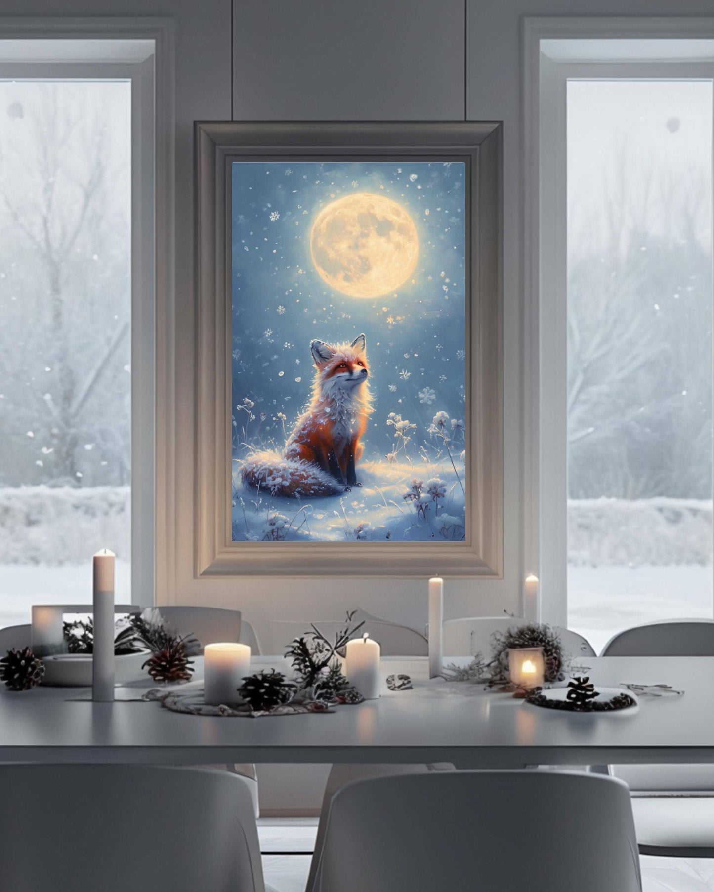 This poster displays a serene fox sitting in the snow under a full moon, surrounded by snowflakes, in various room settings like living rooms, bedrooms, or nurseries. Perfect for winter decor and cozy holiday interiors.